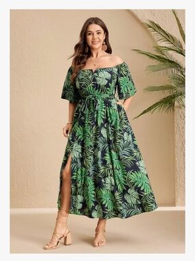 Plus Off-Shoulder Maxi Dress in Green Tropical Leaf Print